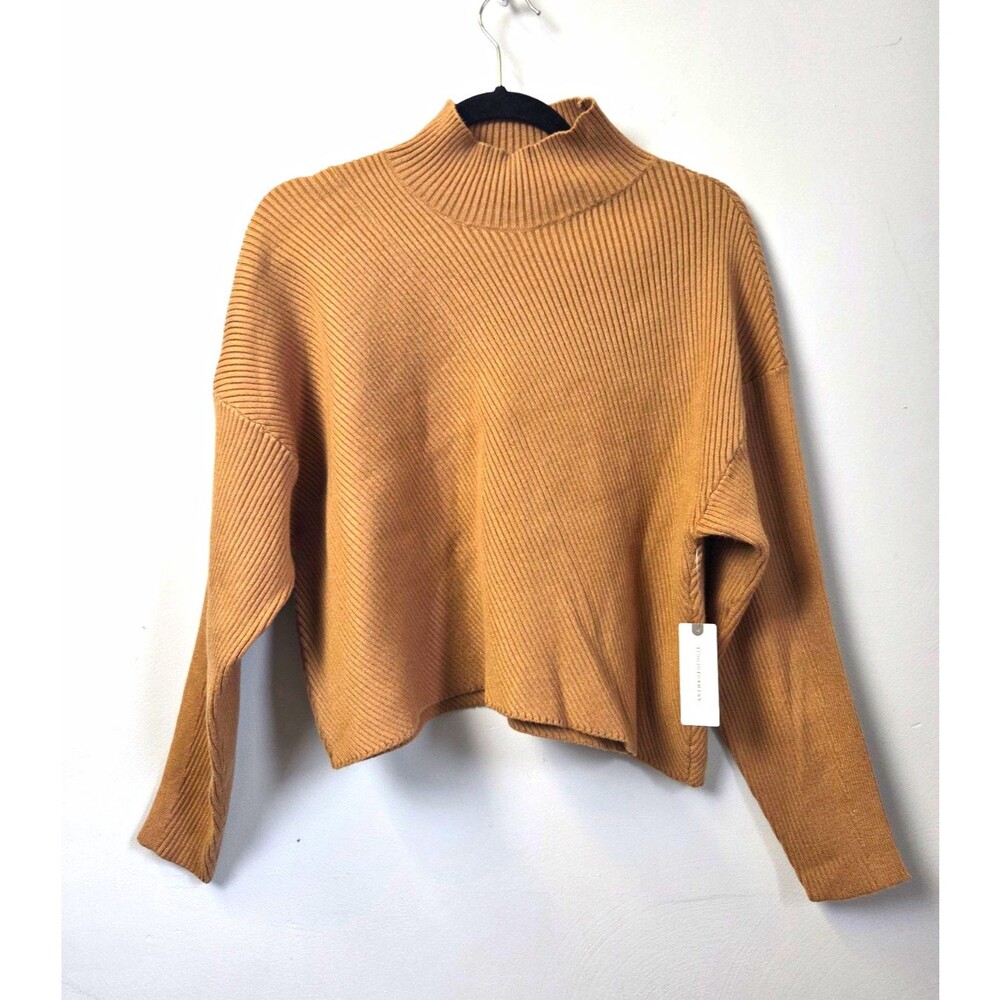 Maeve Womens Brown Tan Solid Rib-Knit Turtle Neck Cropped Pullover Sweater XS